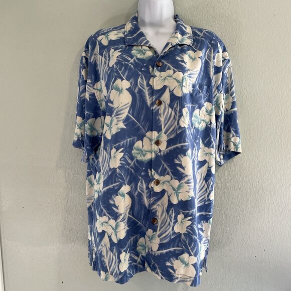 Tommy Bahama Other - Tommy Bahama Shirt‎ Mens Large Blue White Silk Hawaiian Aloha Button Front Camp